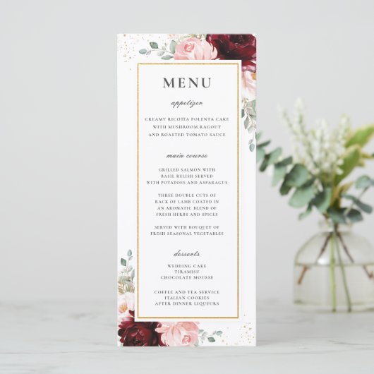 Rich Red Burgundy Blush Pink Floral Wedding Menu Programm (Stehend Vorderseite)