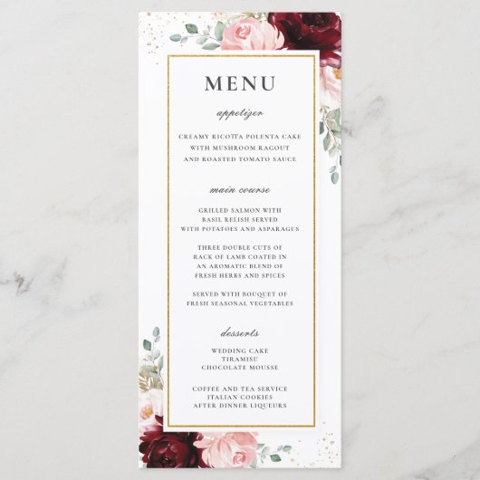 Rich Red Burgundy Blush Pink Floral Wedding Menu Programm (Vorderseite)