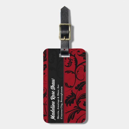Rich Red Damask mit schwarzem Mit Monogramm Gepäckanhänger (Vorderseite vertikal)