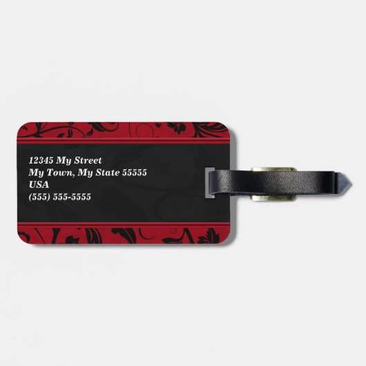 Rich Red Damask mit schwarzem Mit Monogramm Gepäckanhänger (Rückseite horizontal)