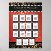 Rich Red Damask Wedding 15 Table Seating Chart Poster (Vorne)