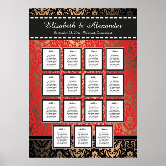 Rich Red Damask Wedding 15 Table Seating Chart Poster (Vorne)