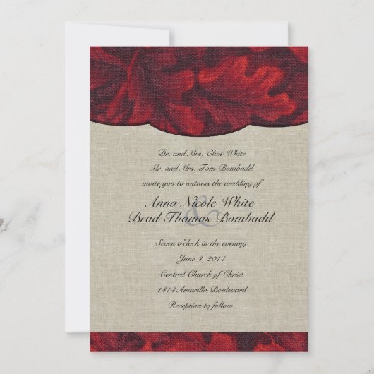 Rich Red Fabric Blätter & Linen Wedding Einladung (Vorderseite)
