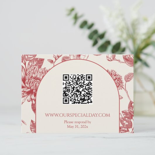 Rich Red French Floral Toile Begleitkarte (Stehend Vorderseite)