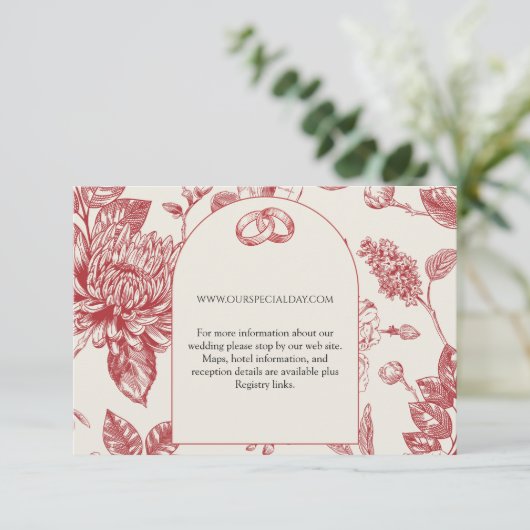Rich Red French Floral Toile floral Enclosure Card RSVP Karte (Stehend Vorderseite)