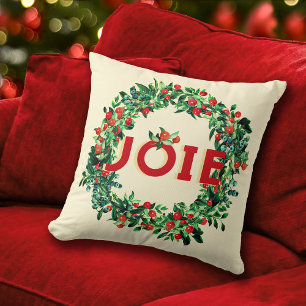 Rich Red Green Berry Wreath Joy French Kissen