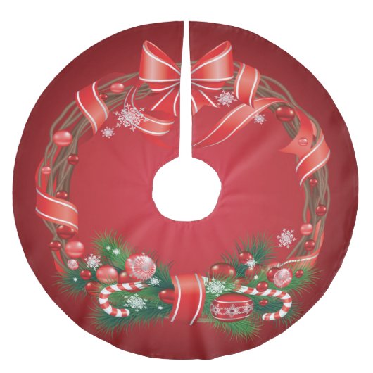 Rich Red Ombre mit Weihnachtskranz Polyester Weihnachtsbaumdecke (Vorderseite)