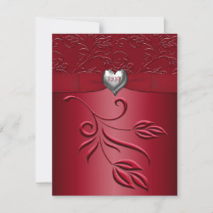Rich Red Silver Heart Repcard RSVP Karte