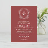 Rich Red Wreath Monogram Wedding Einladung (Stehend Vorderseite)
