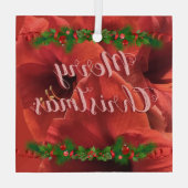 Rich Ruby Red Amaryllis "Frohe Weihnachten" Ornament Aus Glas (Rückseite)