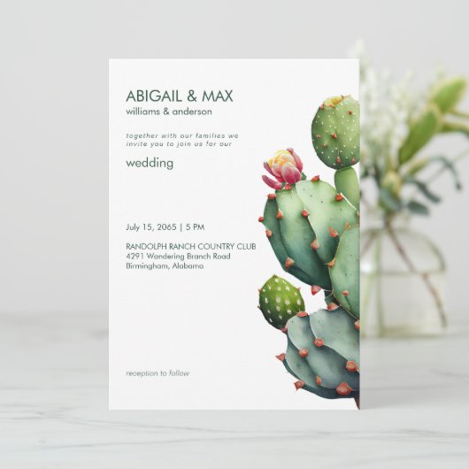 Rich Sage Tropical Cactus Modern Wedding Einladung (Stehend Vorderseite)