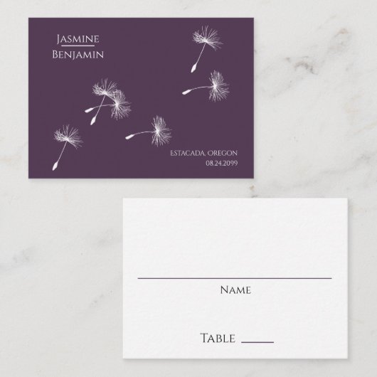 Rich Wine Lila Dandelion Seed Wedding Platzkarte (Vorne/Hinten)
