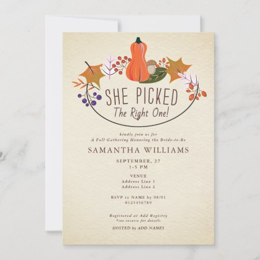 Richtig ausgewählt - Fall Pumpkin-Brautparty Einladung (Vorderseite)