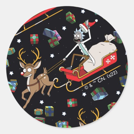 Rick und Morty | Christmas Reindeer Sleigh Pattern Runder Aufkleber (Vorderseite)