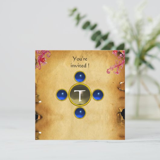 RIDERS IM STORM-Monogramm-Saphir Einladung (Stehend Vorderseite)