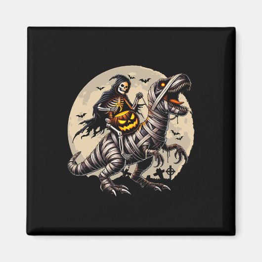 Riding Mummy Dinosaur T Rex Pumpkin Funny Hallowee Magnet (Vorne)