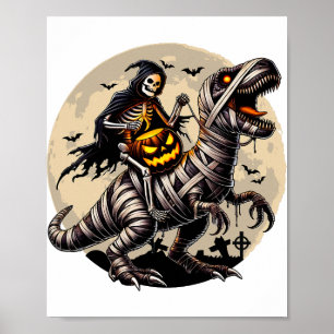 Riding Mummy Dinosaur T Rex Pumpkin Funny Hallowee Poster