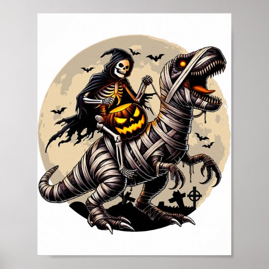 Riding Mummy Dinosaur T Rex Pumpkin Funny Hallowee Poster (Vorne)