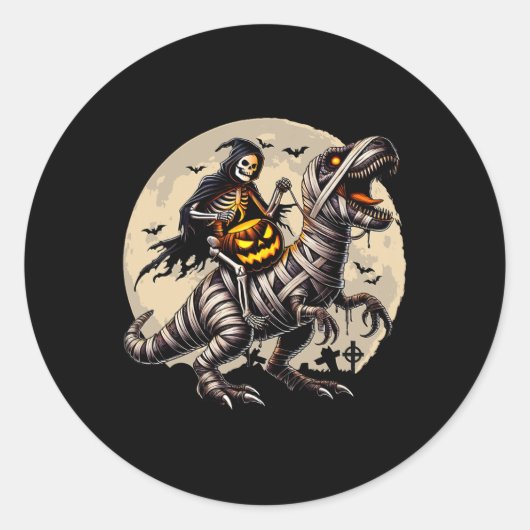 Riding Mummy Dinosaur T Rex Pumpkin Funny Hallowee Runder Aufkleber (Vorderseite)