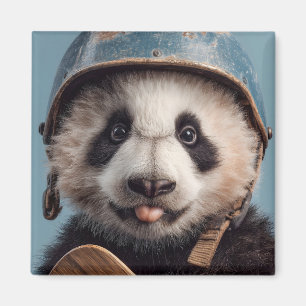Riesen-Panda-Porträt mit Vintage-Helm in Blau Magnet