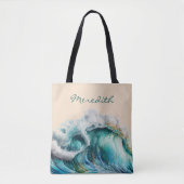 Riesencreing Blue Green Ocean Wave mit Monogramm Tasche (Vorderseite)