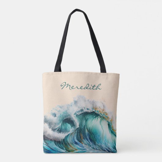 Riesencreing Blue Green Ocean Wave mit Monogramm Tasche (Rückseite)