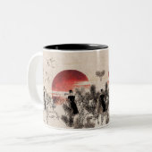 Riesenkuchen und Vogelskette bei Sonnenuntergang Zweifarbige Tasse (Vorderseite Links)