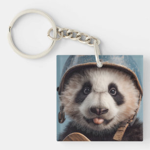 Riesenpanda-Porträt mit Vintage-Helm in Blau Schlüsselanhänger