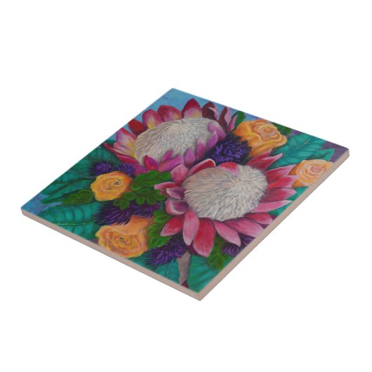 Riesenproteas und orangefarbene Rose Fliese (Seite)