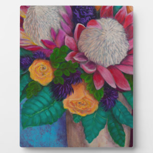 Riesenproteas und orangefarbene Rose Fotoplatte