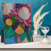Riesenproteas und orangefarbene Rose Fotoplatte (Seite)