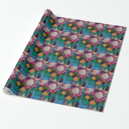 Riesenproteas und orangefarbene Rose Geschenkpapier (Ungerollt)