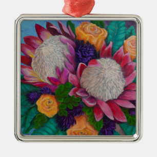 Riesenproteas und orangefarbene Rose Ornament Aus Metall