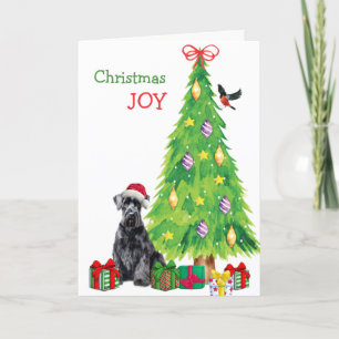 Riesenschnauzer Hund, Vogel und Weihnachtsbaum Feiertagskarte