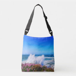 Riesenwelle über rosa Blume bedecktes Land Tragetaschen Mit Langen Trägern