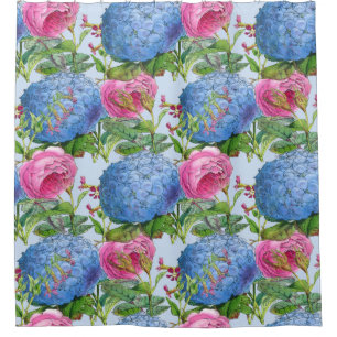 Riesige blaue Hydrangeas und Rosen-Muster Duschvorhang