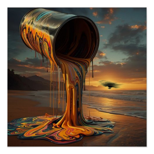 Riesige Farbdose schüttet Farbe auf Sunset Beach Poster (Vorderseite)