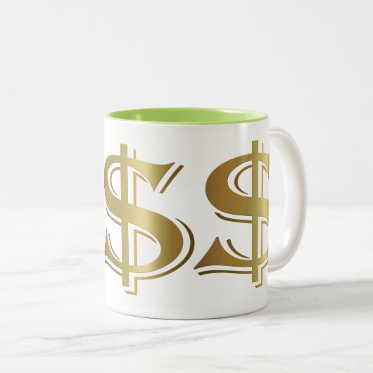 Riesige goldene Dollar-Zeichen-Kaffee-Tasse Zweifarbige Tasse (VorderseiteRechts)