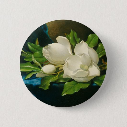 Riesige Magnolien auf einem blauen Samt-Stoff, Button (Vorderseite)