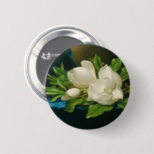 Riesige Magnolien auf einem blauen Samt-Stoff, Button (Vorne & Hinten)