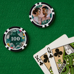 Riesige Monstera-Dschungelblätter Hochzeitsfoto mi Pokerchips