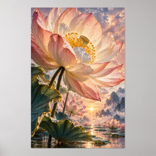 Riesige rosa Lotusblüte bei Sonnenuntergang - Fant Poster
