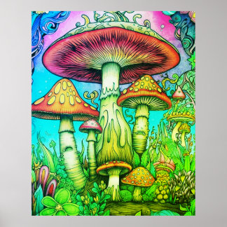 Riesige rote + gelbe skurrile Pilze an einer Wand Poster