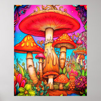 Riesige rote + gelbe skurrile Pilze an einer Wand Poster