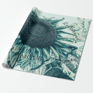 Riesige Sonnenblumen Vintage Türkisgrün Schrift Geschenkpapier