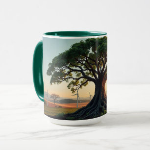 Riesiger Baum in einer Windpark-Landschaftsansicht Tasse