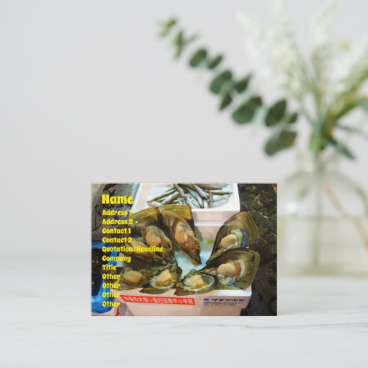 Riesiger Miesmuscheln Tsukiji Fischmarkt, Tokyo, Visitenkarte (Stehend Vorderseite)