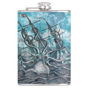 Riesiger Oktopus Blaues Seeungeheuer Segelboot Flachmann