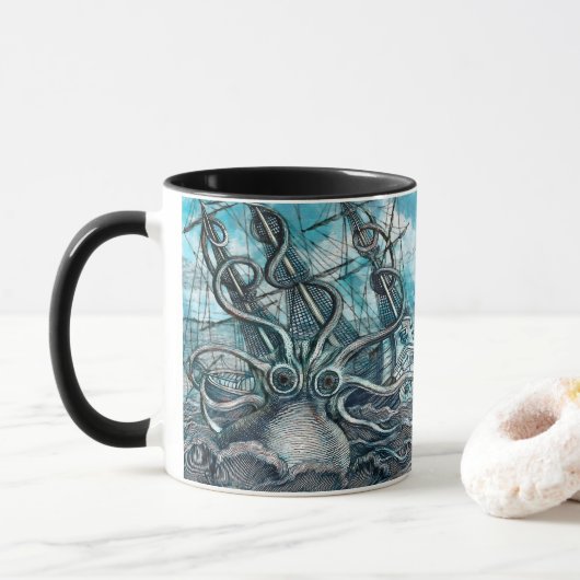 Riesiger Oktopus Blaues Seeungeheuer Segelboot Tasse (Mit Donut)