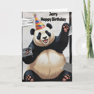 Riesiger Panda, der aufrecht sitzt und eine Geburt Karte